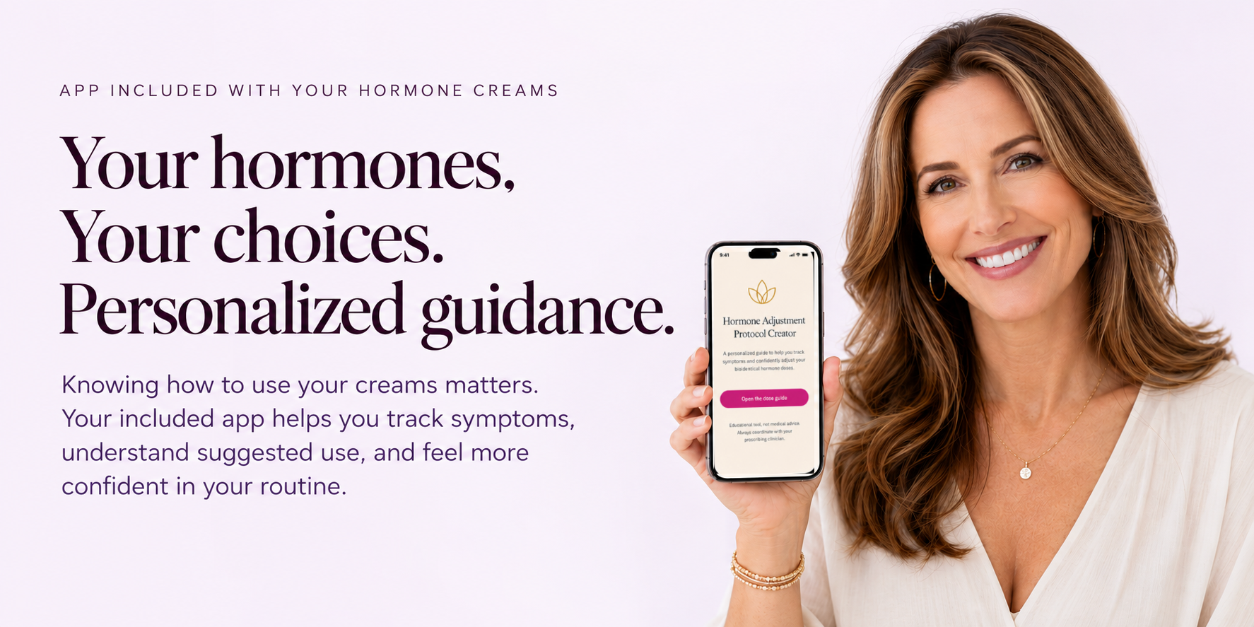 Dr. Tammy holding a phone displaying the Hormone Adjustment Protocol Creator app, with information about the app included with hormone creams